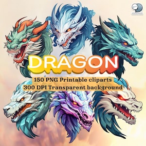 150 Dragon Theme Digital Sticker Clipart Pack - Majestic Dragon Art in PNG Printable Cliparts, 300 DPI, Transparent Background