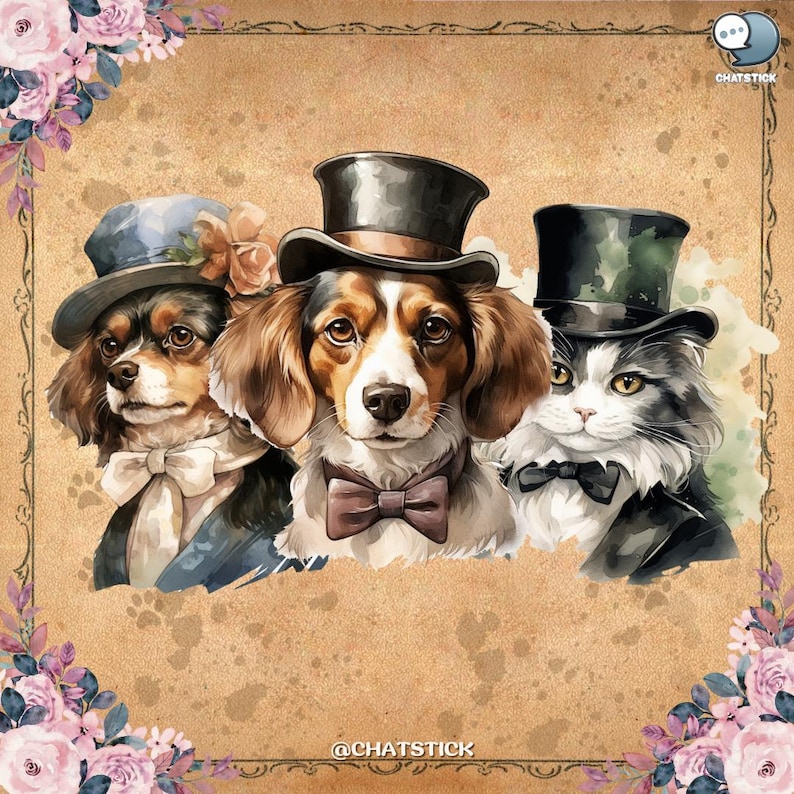 Victorian Pets Clipart Bundle - 150 Elegant Vintage Printable PNGs, 300 DPI Transparent Background for Crafts & Design