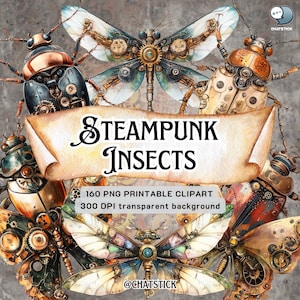 Clipart insectes steampunk | 160 papillons, coléoptères et libellules mécaniques au format PNG pour des designs uniques
