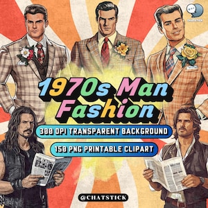 Bundle de cliparts pour hommes groovy des années 70 - 150 images PNG de mode rétro, homme d'affaires vintage et costumes à carreaux, images transparentes 300 ppp