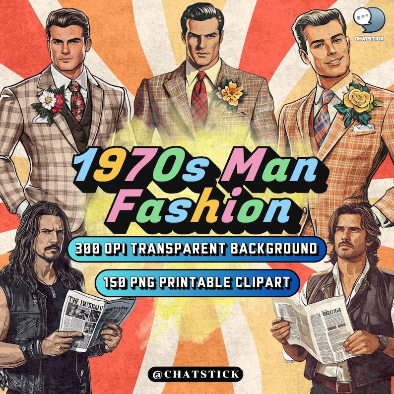 Groovy 70s Men Clipart Bundle – 150 Retro Fashion Pngs, Vintage ...