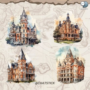 Victorian Landmark Mega Pack: 80 Watercolor Clipart, High-Quality 3200x3200 PNGs, 300 DPI, Transparent - Perfect for Crafting & Design