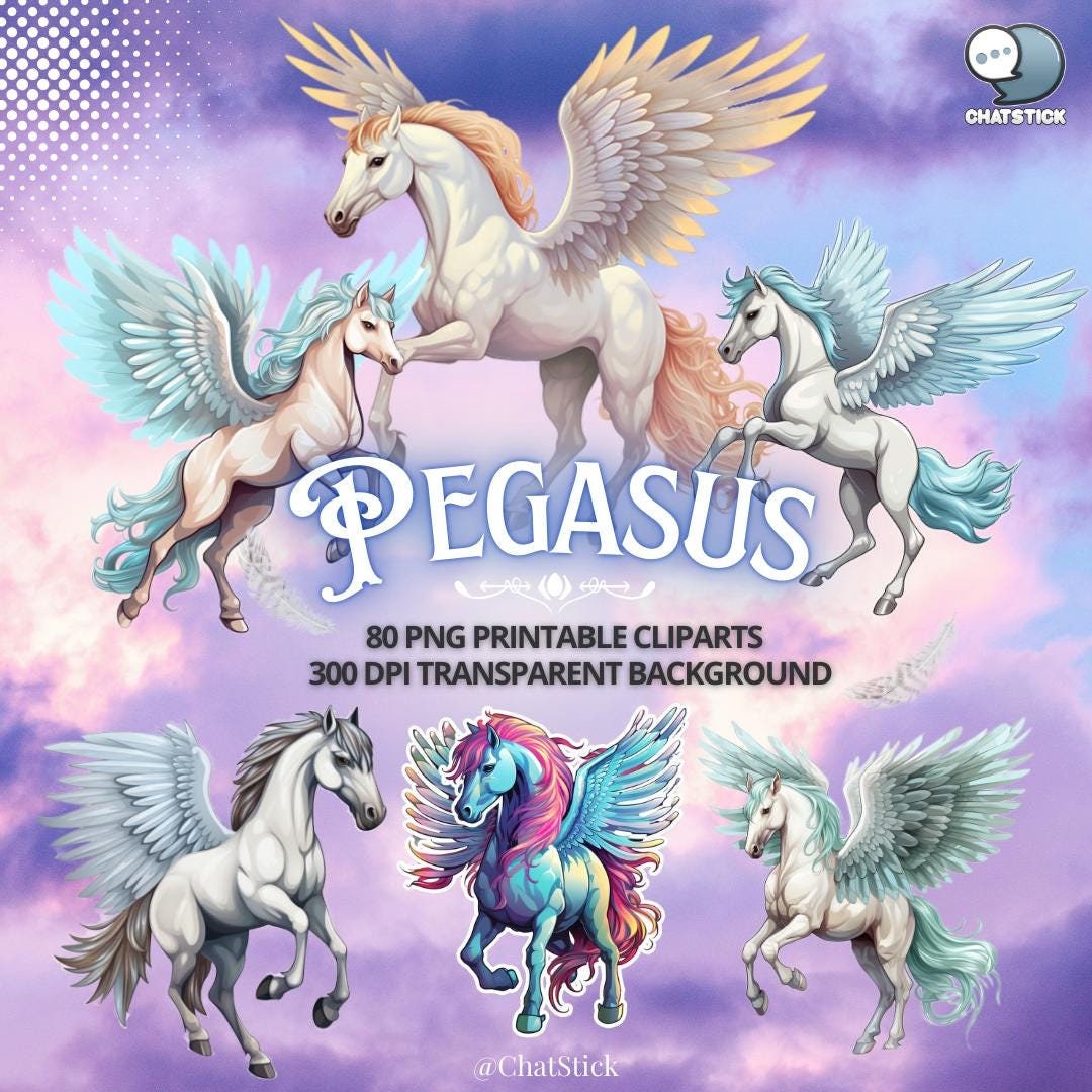 80 Pegasus Digital Stickers - Majestic Winged Horse PNG Clipart Pack ...