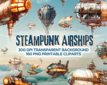 Steampunk luchtschip Cliparts - 160 ingewikkelde mechanische png's 300 DPI, transparante achtergrond voor digitaal gebruik en scrapbooking
