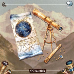 Vintage Telescope Cliparts | 150 Victorian Stargazing PNG Bundle | 300 DPI High Resolution, Transparent Background