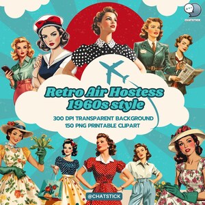 Pacote de clipart de comissária de bordo retrô - Estilo vintage de aeromoça dos anos 1960 - 150 PNG para download digital