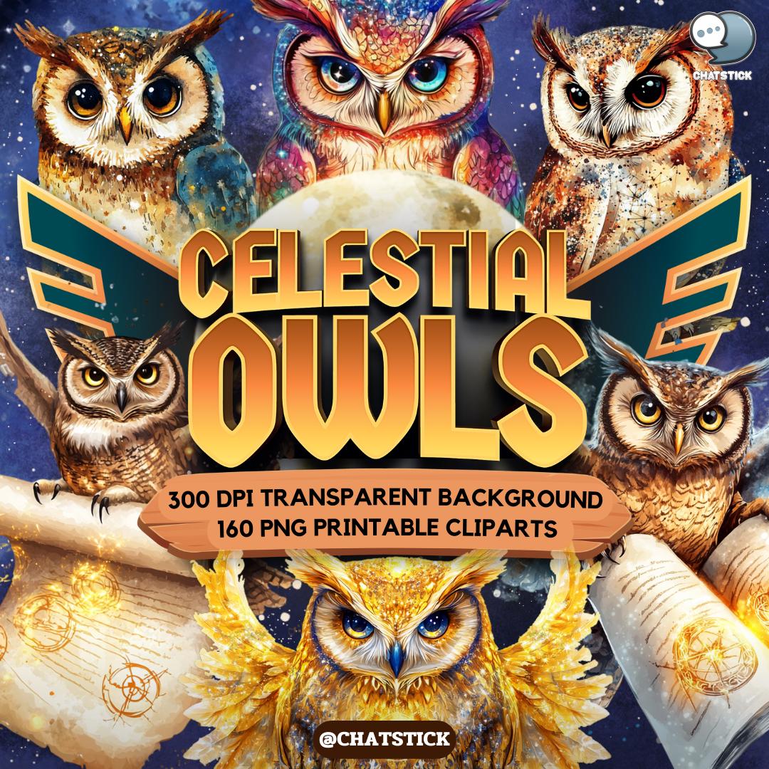 160 Celestial Owls Clipart Bundle | Magical Night Owl PNGs | Mystic Birds Moon Stars Galaxy Clip Art