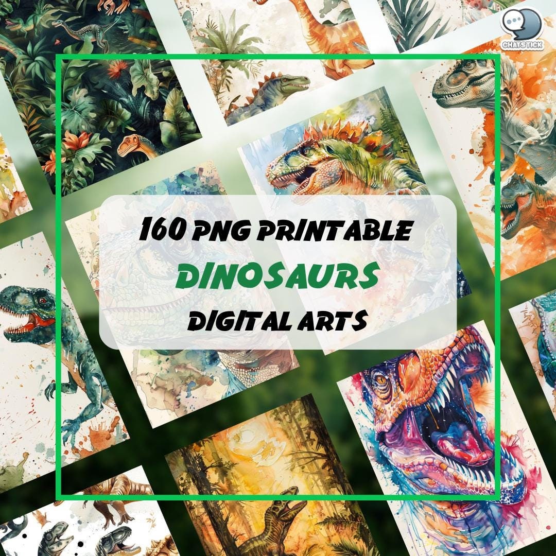 Dinosaurs Watercolor Digital Art Mega Pack - 160 PNG Prints, AI-Generated Wall Art, Creative and Imaginative Dinosaur Decor