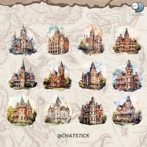 Victorian Landmark Mega Pack: 80 Watercolor Clipart, High-Quality 3200x3200 PNGs, 300 DPI, Transparent - Perfect for Crafting & Design