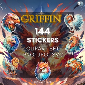 Pack de cliparts autocollant numérique Griffon - 144 créatures mythiques PNG, JPG, dessins SVG pour créations manuelles et scrapbooking