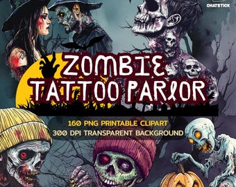 Zombie Tattoo Parlor Clipart Pack – 160 Eerie Zombie Tattoo Designs, High-Res 3200×3200 px PNGs, 300 DPI, Transparent Background, Horror Art