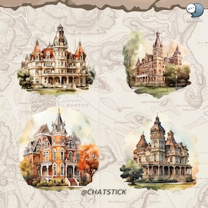 Victorian Landmark Mega Pack: 80 Watercolor Clipart, High-Quality 3200x3200 PNGs, 300 DPI, Transparent - Perfect for Crafting & Design