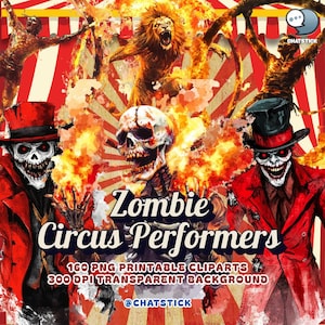 Artistas de Circo Zumbi Clipart - 160 PNG Palhaços Zumbis de Halloween, Cuspidores de Fogo, Homens Fortes 300 DPI Fundo Transparente