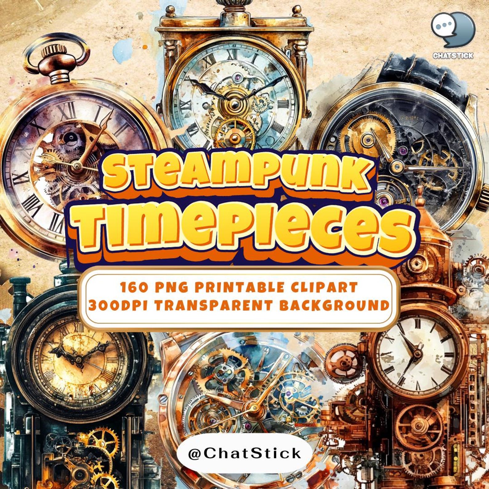 Steampunk Clocks & Timepieces Clipart - 160 Intricate Mechanical Clock ...