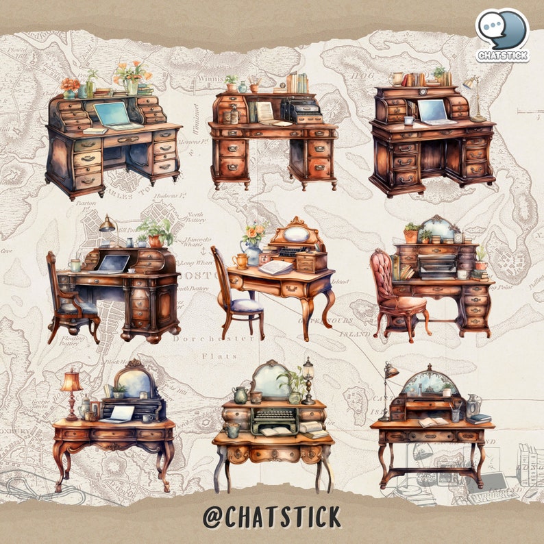 Victorian Work Desk Themed Watercolor Clipart Mega Pack - 150 PNGs, 3200x3200px, 300 DPI, Transparent Background by ChatStick Team