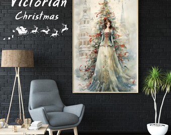 May include: A watercolor painting of a woman in a white dress standing in front of a Christmas tree. The tree is decorated with red ornaments and ribbons. The woman is wearing a blue jacket and has long brown hair. The painting is set against a backdrop of a snowy cityscape.