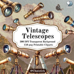 Vintage Telescope Cliparts | 150 Victorian Stargazing PNG Bundle | 300 DPI High Resolution, Transparent Background