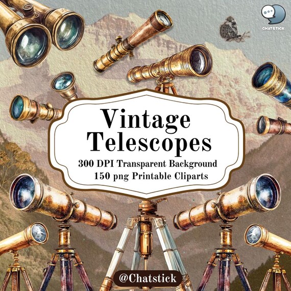 Vintage Telescope Cliparts | 150 Victorian Stargazing PNG Bundle | 300 DPI High Resolution, Transparent Background