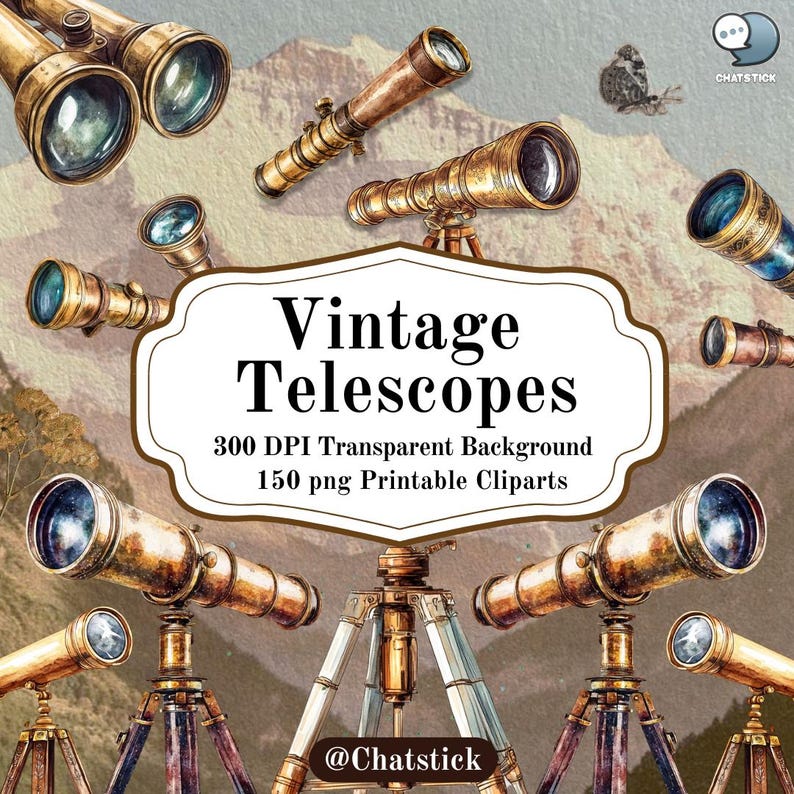 Vintage Telescope Cliparts | 150 Victorian Stargazing PNG Bundle | 300 DPI High Resolution, Transparent Background