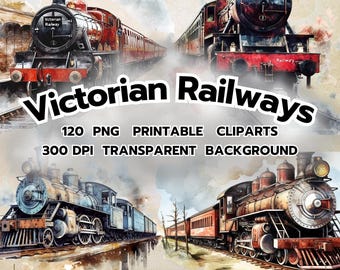 ビクトリア朝の鉄道クリップアート パック - 120 枚の印刷可能な PNG | ビンテージ鉄道アート | DIY プロジェクト用の 300 DPI 透明背景