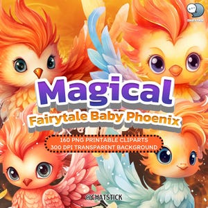 Leuke grappige magische sprookjesbaby Phoenix Clipart | 160 png-bestanden | Digitale fantasiedownload, 300 dpi en transparante achtergrond