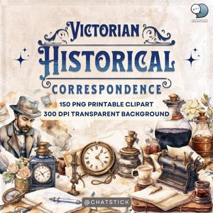 Cliparts de correspondência histórica | 150 PNGs de cartas, papéis, relógios e ferramentas de escrita vitorianas | Conjunto de itens vintage de 300 DPI