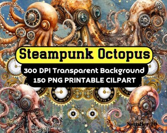 Steampunk Octopus Clipart Pack - 150 mechanische octopus-png's met versnellingen en texturen voor ambacht en design