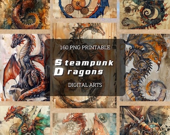Pack of 160 Steampunk Dragon Digital Art Posters, Wall Art Prints, and Wallpapers | PNG High-Resolution Art for Sci-Fi Fantasy Lovers