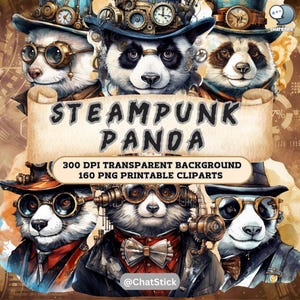 Steampunk Panda-clipartbundel - 160 afdrukbare png-afbeeldingen met hoge resolutie, 3200 x 3200 px, 300 dpi transparante achtergrond