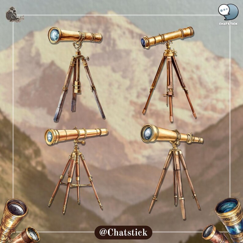 Vintage Telescope Cliparts | 150 Victorian Stargazing PNG Bundle | 300 DPI High Resolution, Transparent Background