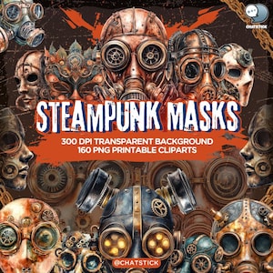 Steampunk Masken Clipart Bundle - 160 Vintage viktorianische mechanische Masken | Digitaler Download PNG