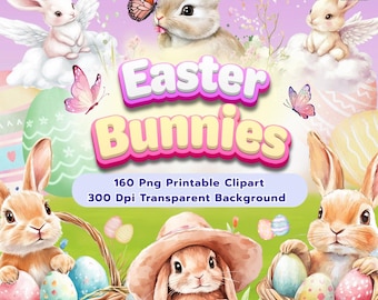 160 Easter Bunny Clipart Bundle, Cute Rabbit PNGs, Spring Holiday Digital Download, Transparent Background, Scrapbook & Crafts