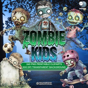 Bundle de cliparts pour enfants zombies - 160 enfants morts-vivants fantasmagoriques ludiques, Halloween numérique PNG, 3200 x 3200 px, 300 DPI, fond transparent