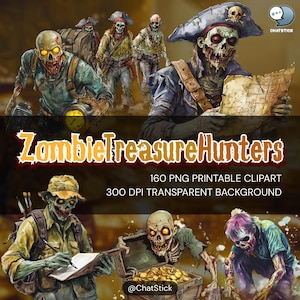 Zombie Schatzsucher Clipart Set | 160 druckbare PNGs, 300 DPI transparenter Hintergrund, untote Entdecker & Cursed Gold Grafiken