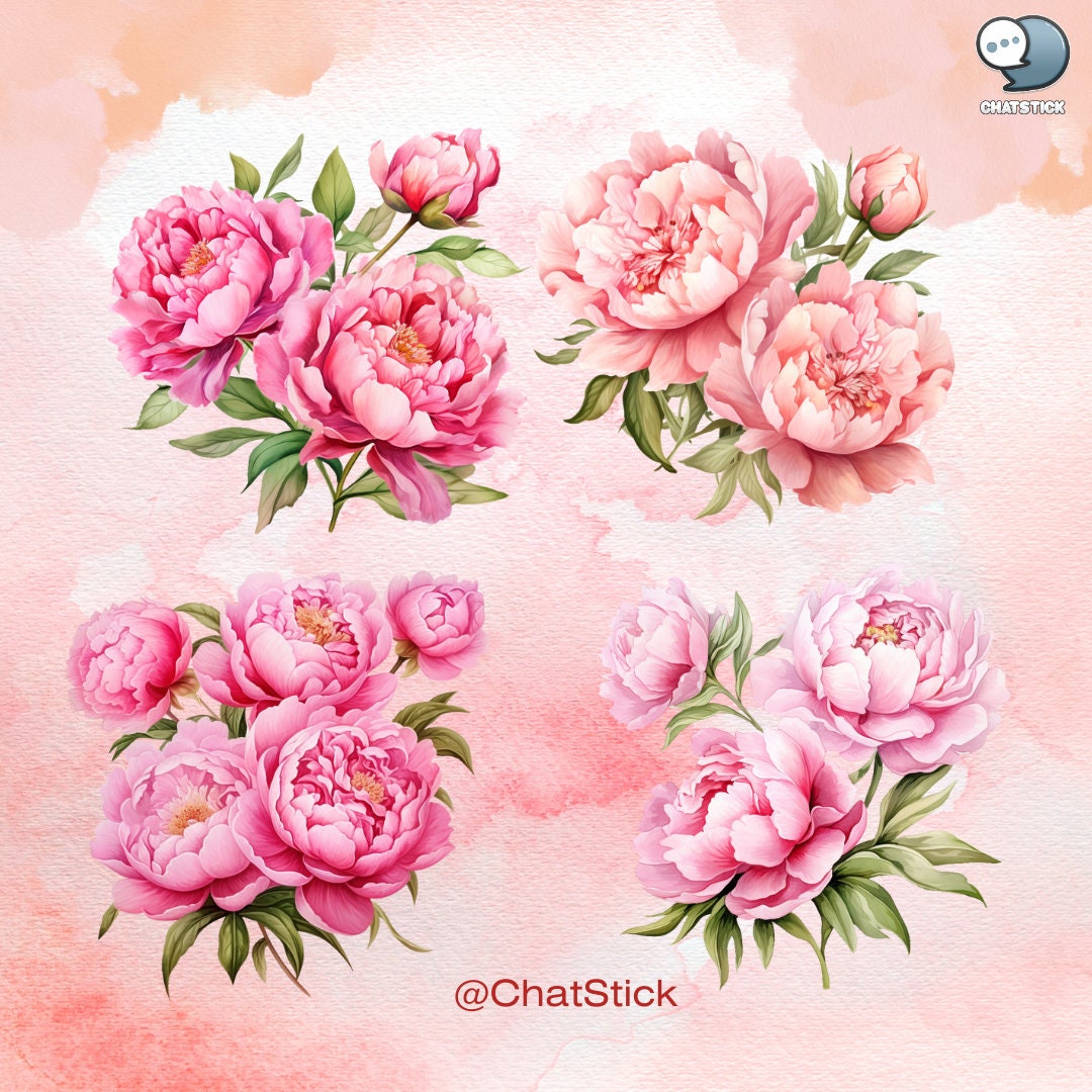 Pink Peonies Watercolor Clipart Bundle - 156 PNG Peony Flower Beautiful ...