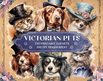 Victorian Pets Clipart Bundle - 150 Elegant Vintage Printable PNGs, 300 DPI Transparent Background for Crafts & Design