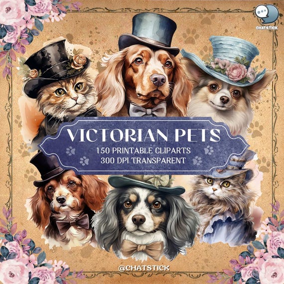 Victorian Pets Clipart Bundle - 150 Elegant Vintage Printable PNGs, 300 DPI Transparent Background for Crafts & Design