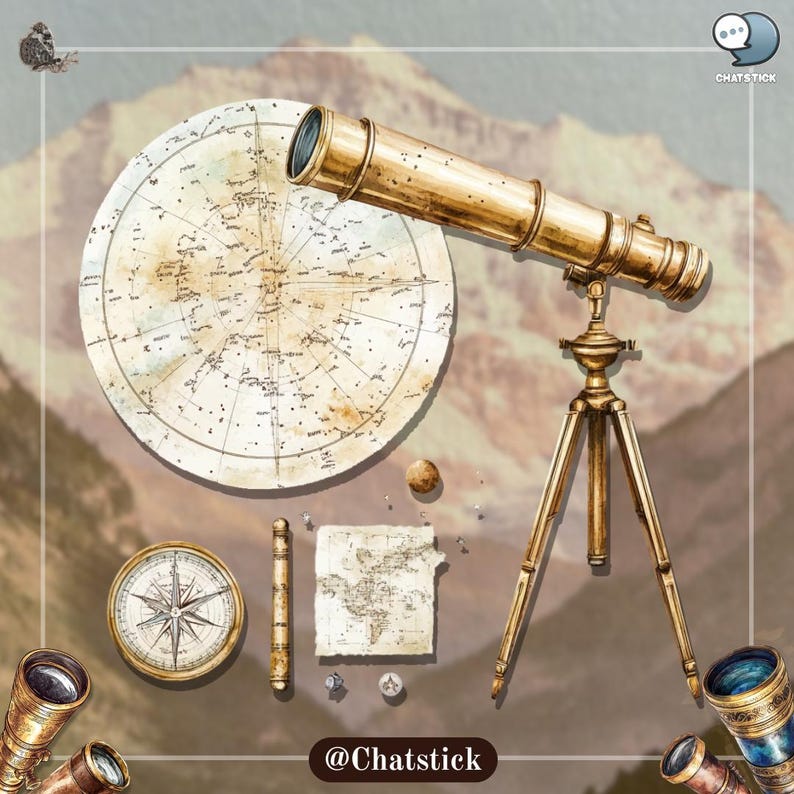 Vintage Telescope Cliparts | 150 Victorian Stargazing PNG Bundle | 300 DPI High Resolution, Transparent Background