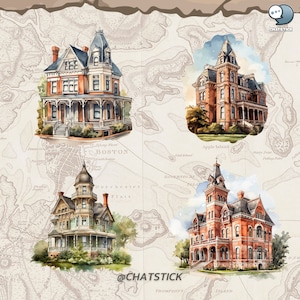Victorian Landmark Mega Pack: 80 Watercolor Clipart, High-Quality 3200x3200 PNGs, 300 DPI, Transparent - Perfect for Crafting & Design