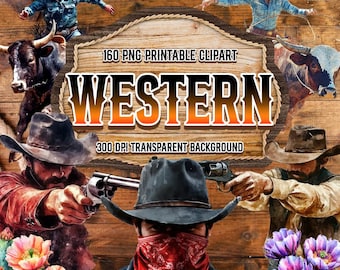 Western Clipart Bundle - 160 Cowboy, Rodeo & Wild West PNGs - High-Resolution Digital Download for Crafts and Decor