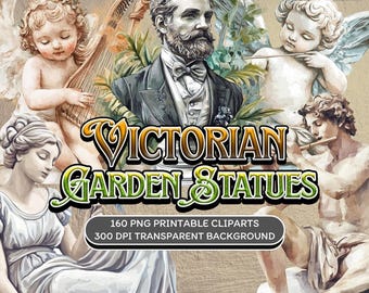 Victorian Garden Statues Clipart - 160 PNG Watercolor Antique Statues, Vintage Garden Decor, Transparent Background, 300 DPI