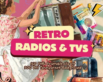 Pacote com 160 clipart de rádios e TVs retrô | Televisão e rádio vintage PNG | Fundos transparentes de 3200px e 300DPI para design de artesanato