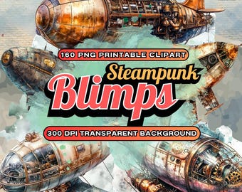 Steampunk Blimps Clipart - 160 Vintage Airships PNG, Retro Flying Machines Art with Mechanical Detailing, Perfect for Crafts & Design