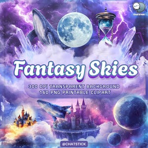 Fantasy Skies Digital Clipart | 160 PNG Celestial Art, Magical Clouds & Fantasy Worlds, 300 DPI