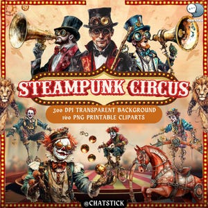 Steampunk Circus-clipartbundel: 160 png-bestanden met hoge resolutie met mechanische artiesten en Victoriaanse rekwisieten