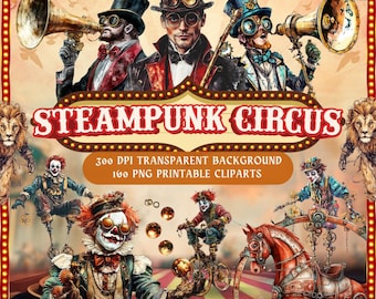 Steampunk Circus Clipart Bundle - 160 PNG ad alta risoluzione di artisti meccanici e oggetti di scena vittoriani