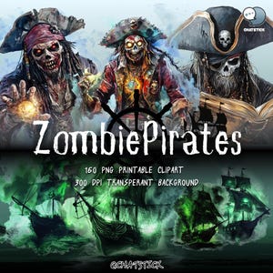 Pacote de Cliparts de Piratas Zumbis - 160 PNGs para impressão, fundo transparente de 300 DPI, tripulação de piratas mortos-vivos com navios e tesouros