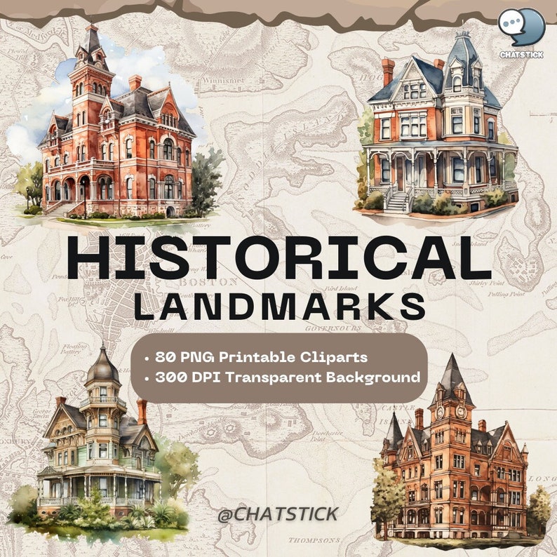 Victorian Landmark Mega Pack: 80 Watercolor Clipart, High-Quality 3200x3200 PNGs, 300 DPI, Transparent - Perfect for Crafting & Design