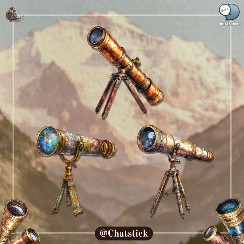 Vintage Telescope Cliparts | 150 Victorian Stargazing PNG Bundle | 300 DPI High Resolution, Transparent Background