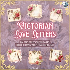 Pacote de clipart de cartas de amor vitorianas – 144 imagens digitais PNG – bilhetes de amor inspirados no vintage e itens românticos – fundo transparente